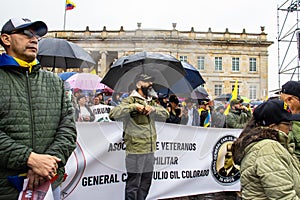 BOGOTA, COLOMBIA - 19 JULY 2023. Peaceful protest of the members of the active reserve of the military and police forces in